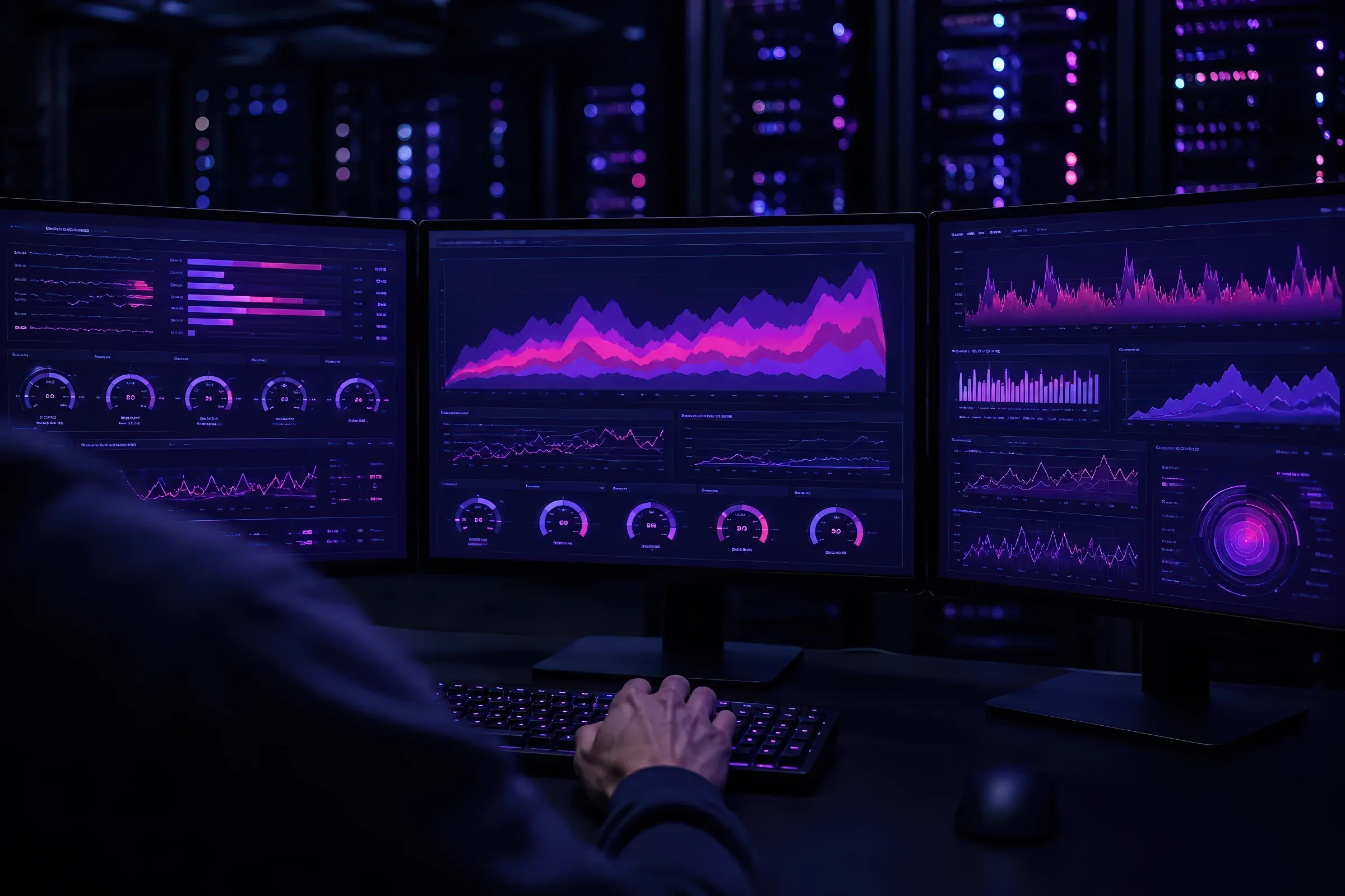 Engineer working at a desk in front of several monitors showing system performance graphs