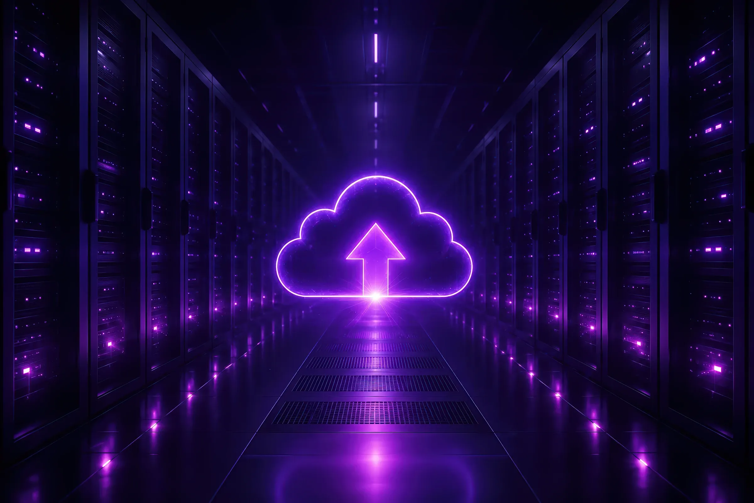 Glowing cloud icon with an upward arrow in a data center corridor