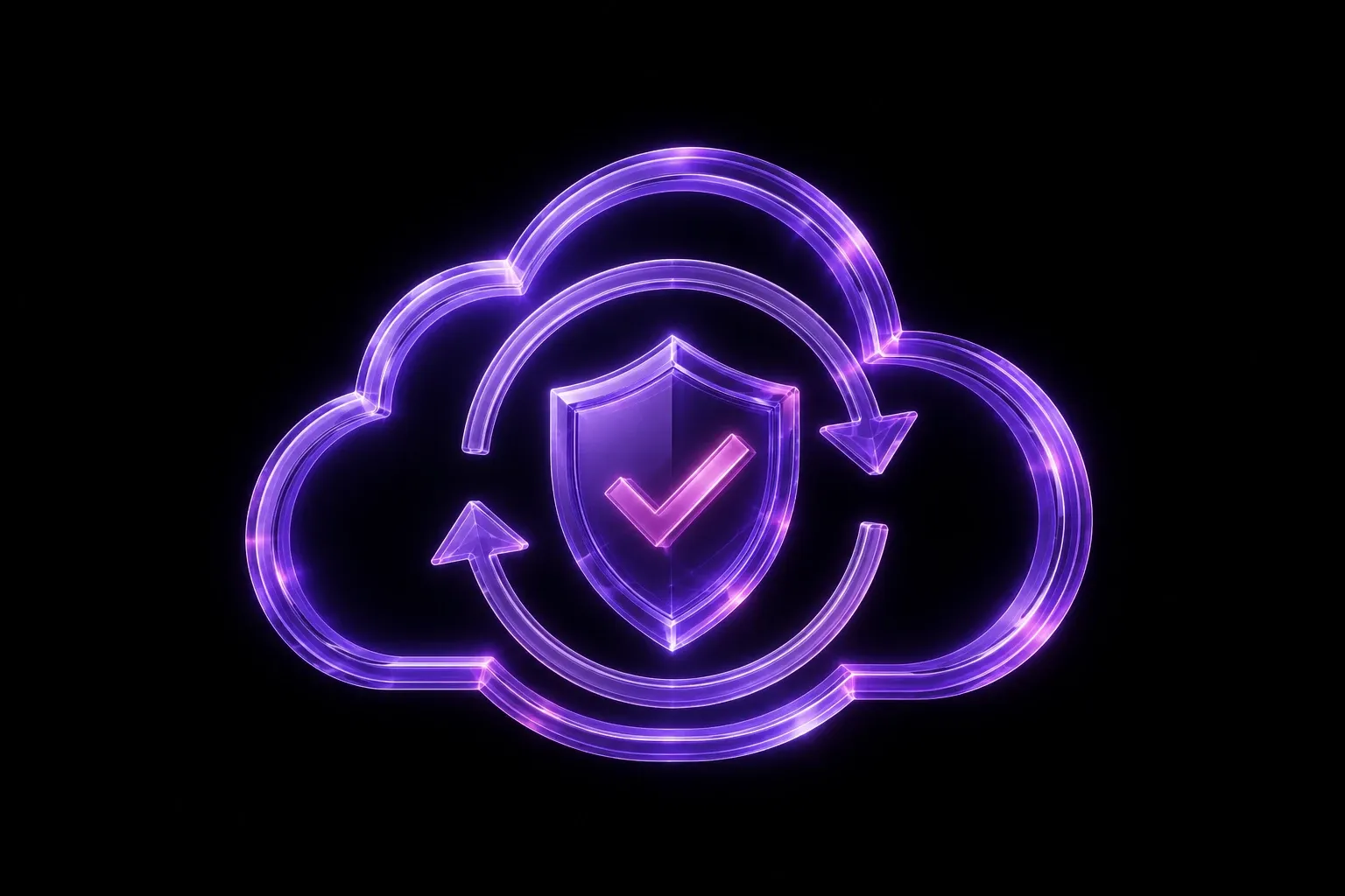 Illustration of a cloud outline containing a shield with a checkmark, above a glowing circular platform