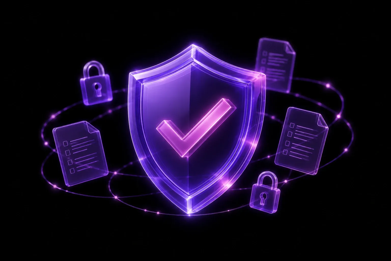 Illustration of a shield with a checkmark on a circular platform, representing security and compliance