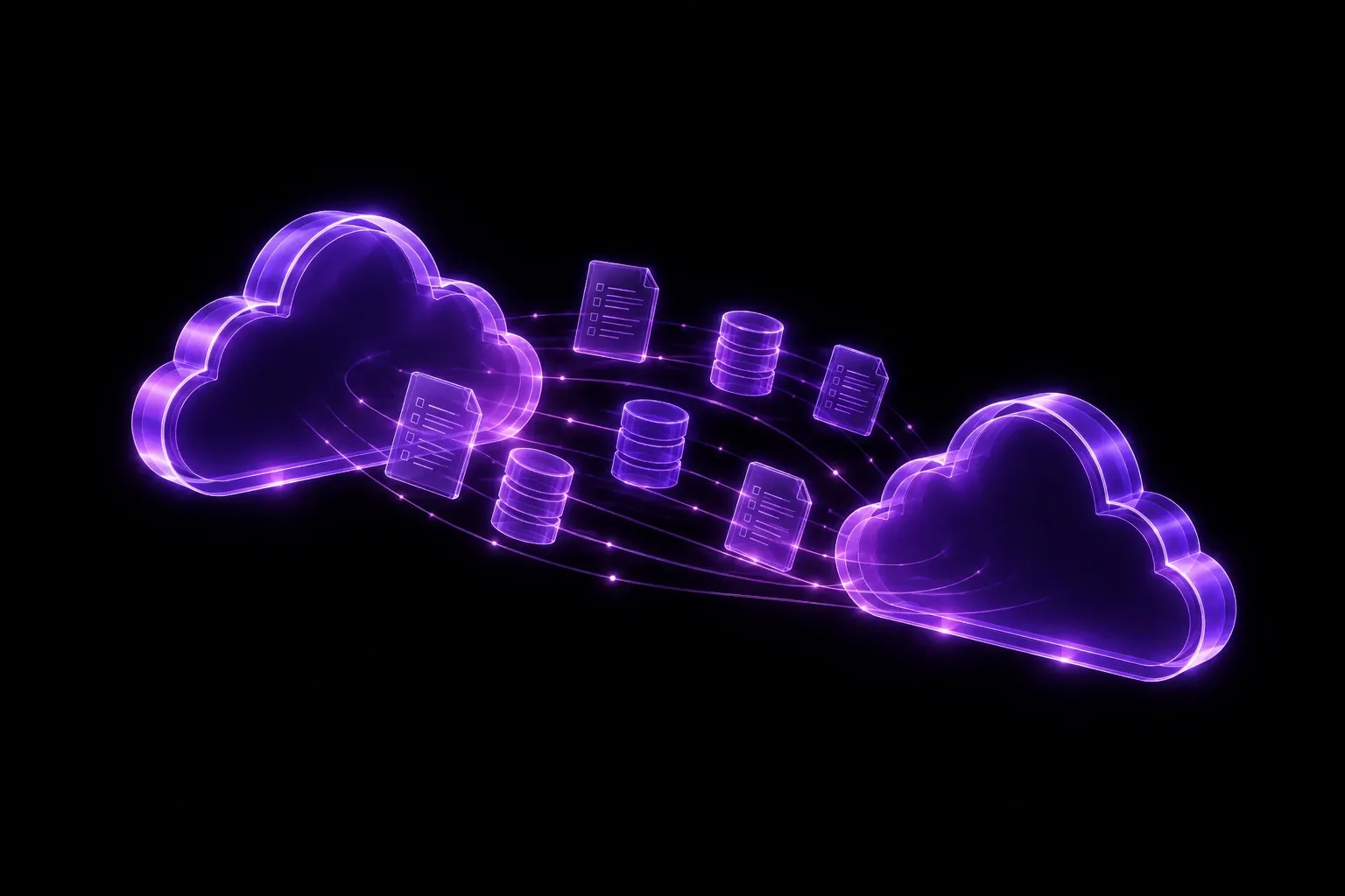 Illustration of documents and data records streaming upward into a glowing cloud in a data center aisle