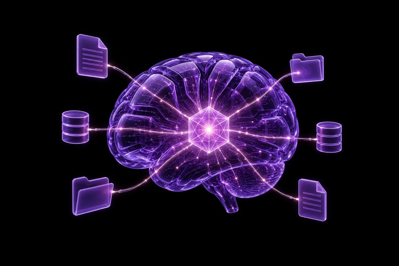 Illustration of a translucent glowing brain with a faceted core at its center, connected by lines of light to surrounding document, folder, and database shapes