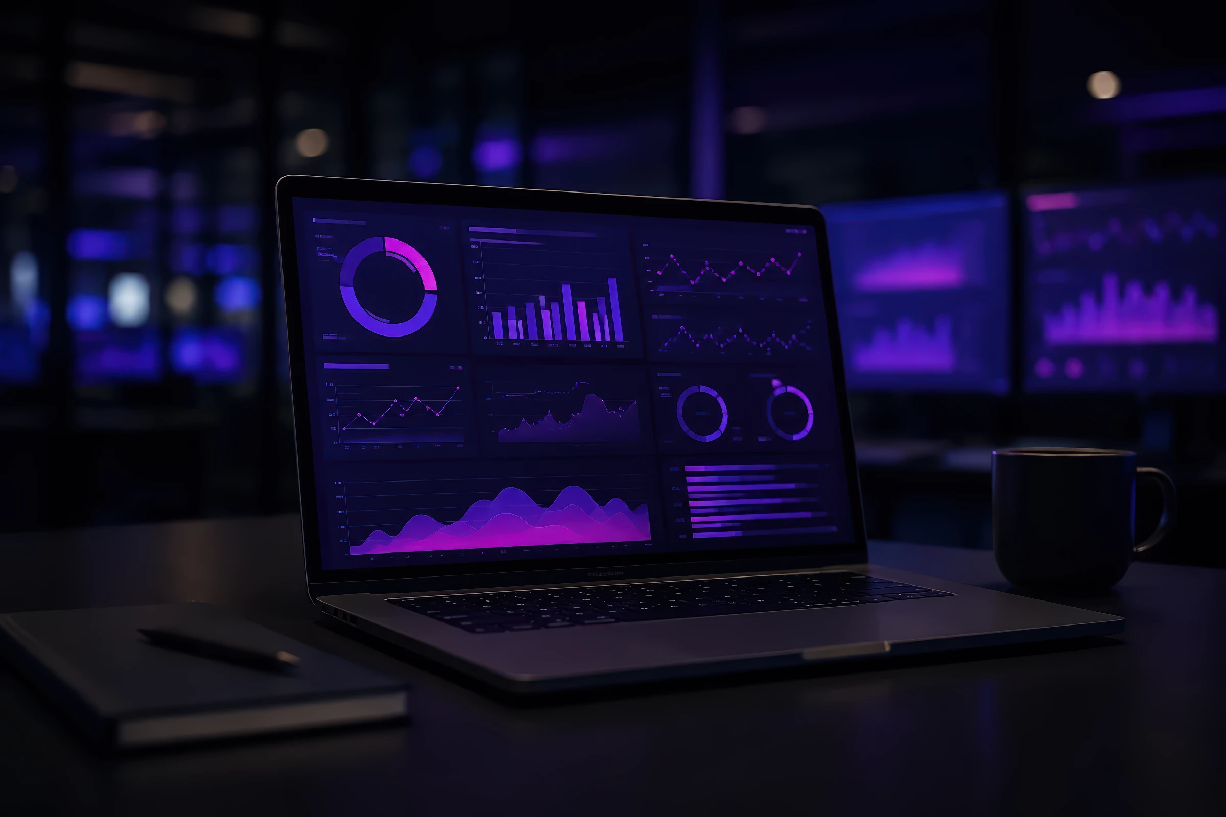 Laptop displaying a security analytics dashboard in a dark operations environment