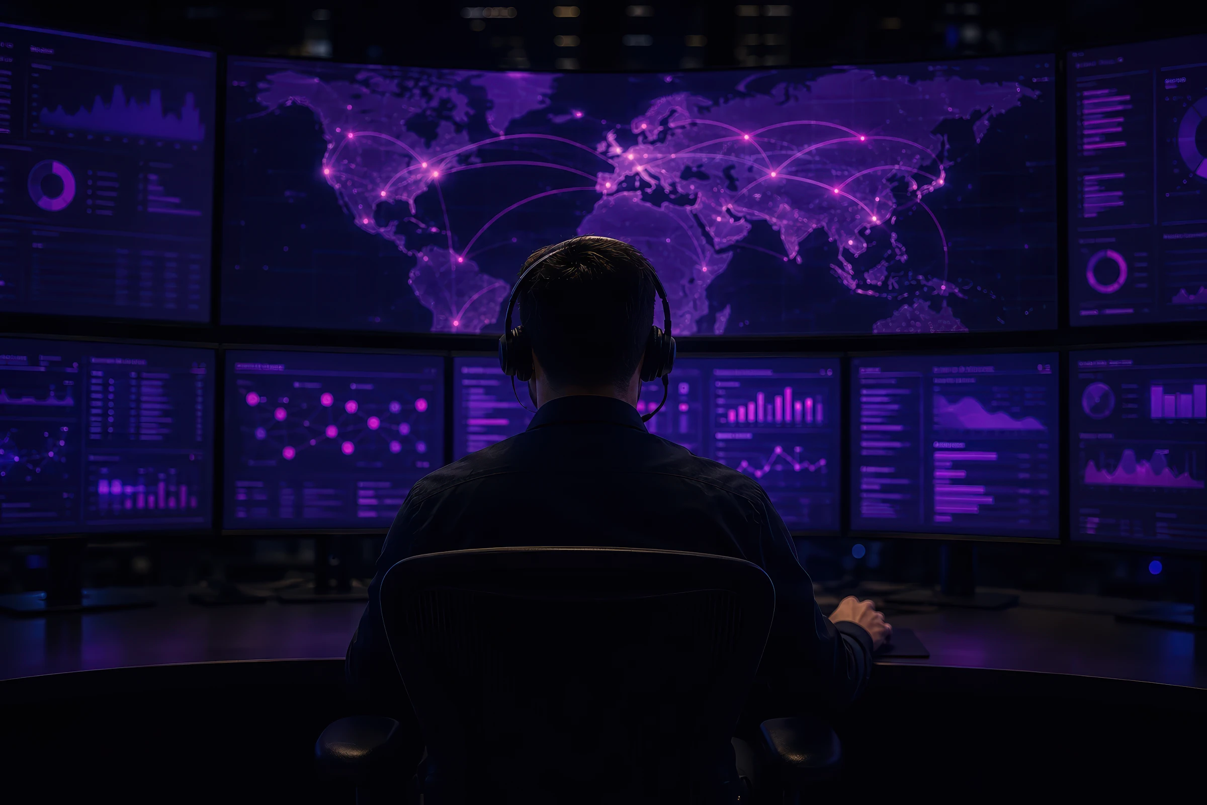 Security analyst viewed from behind, facing a wall of monitors showing a world map and threat dashboards