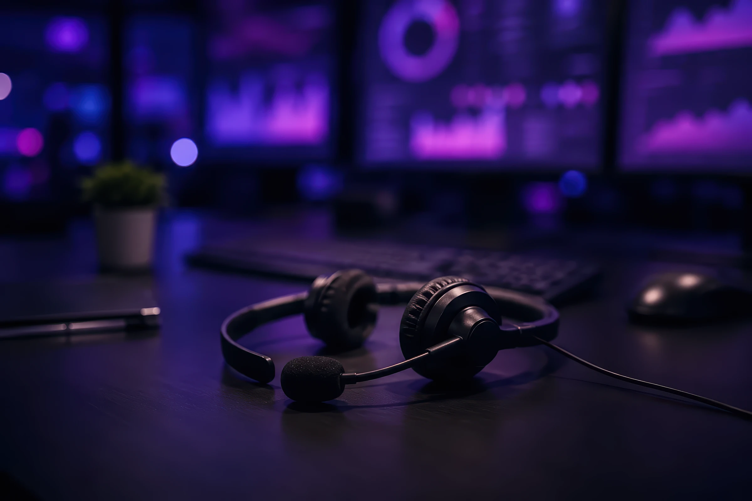 Headset resting on a desk in front of softly blurred monitors in a support workspace
