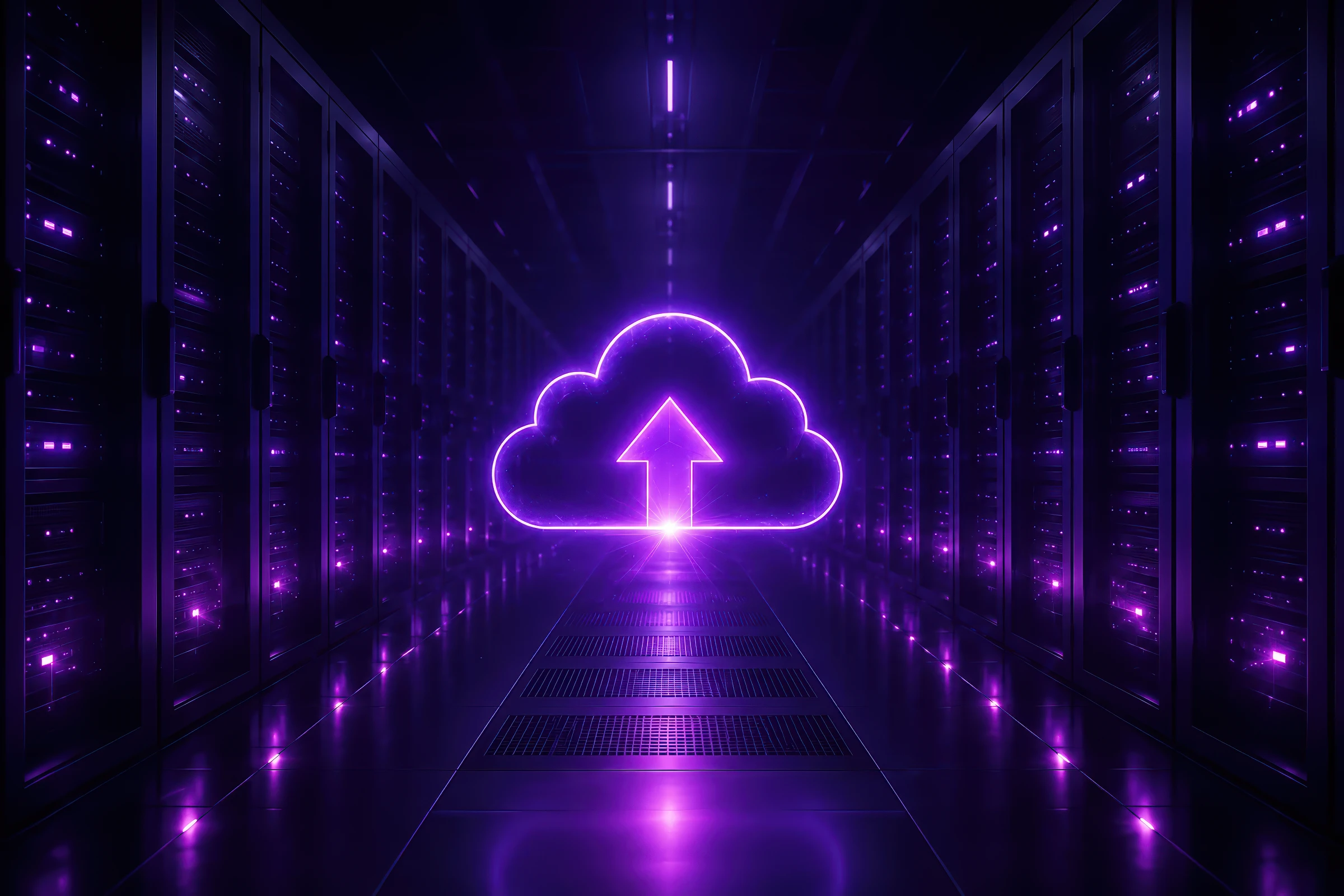 Glowing cloud icon with an upward arrow in a data center corridor