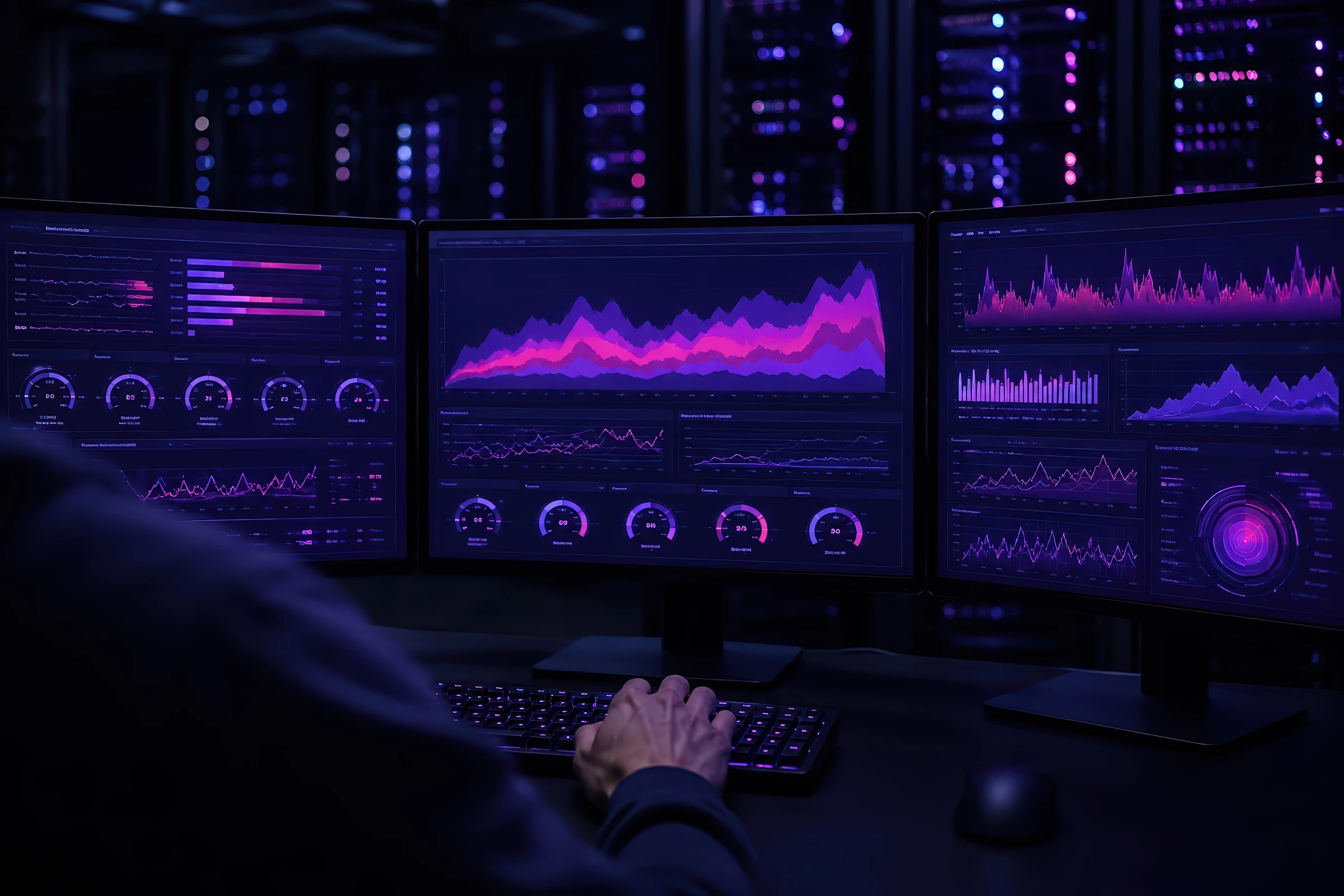 Engineer working at a desk in front of several monitors showing system performance graphs