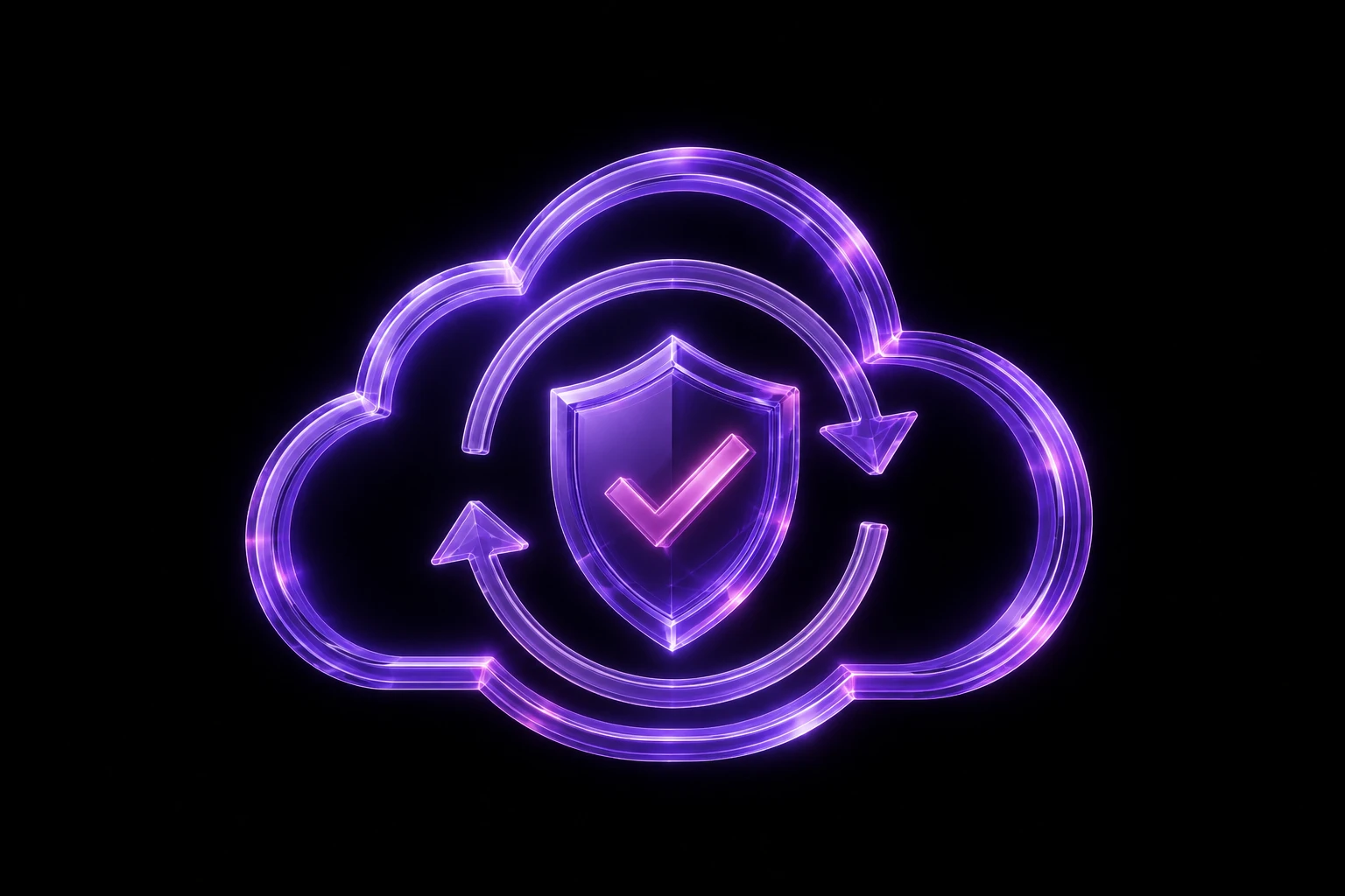 Illustration of a cloud outline containing a shield with a checkmark, above a glowing circular platform