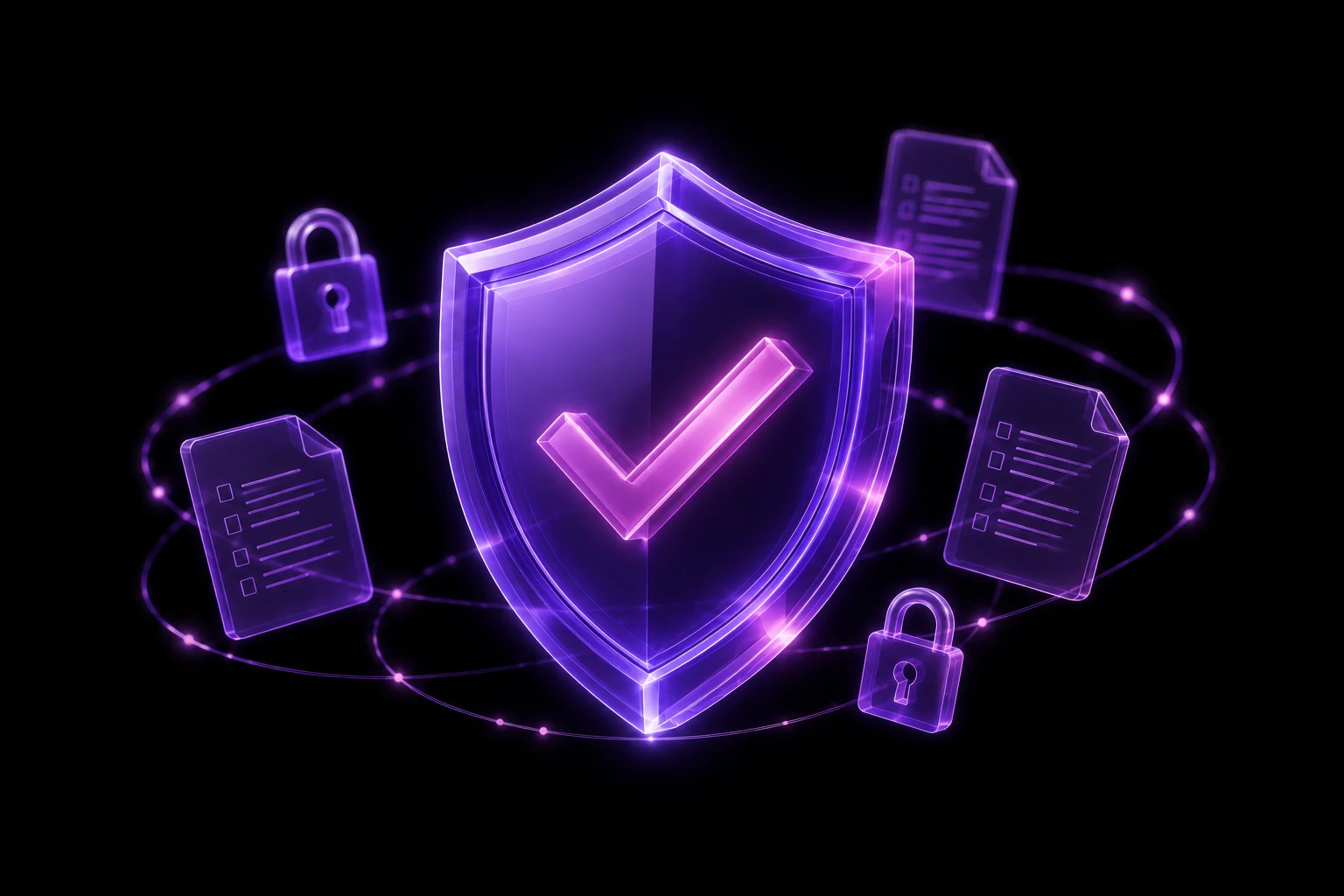 Illustration of a shield with a checkmark on a circular platform, representing security and compliance