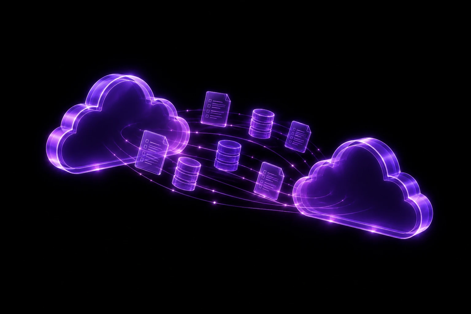 Illustration of documents and data records streaming upward into a glowing cloud in a data center aisle