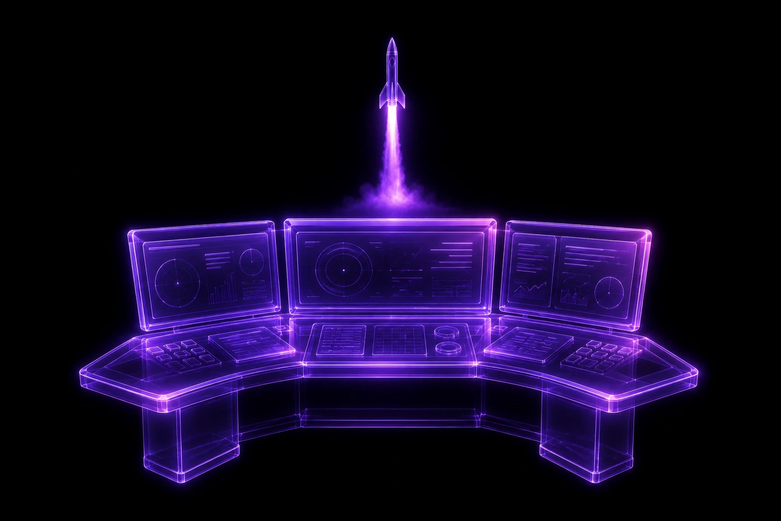 Illustration of a mission control console showing monitoring dashboards, with a rocket launching above it, rendered in purple on a dark background